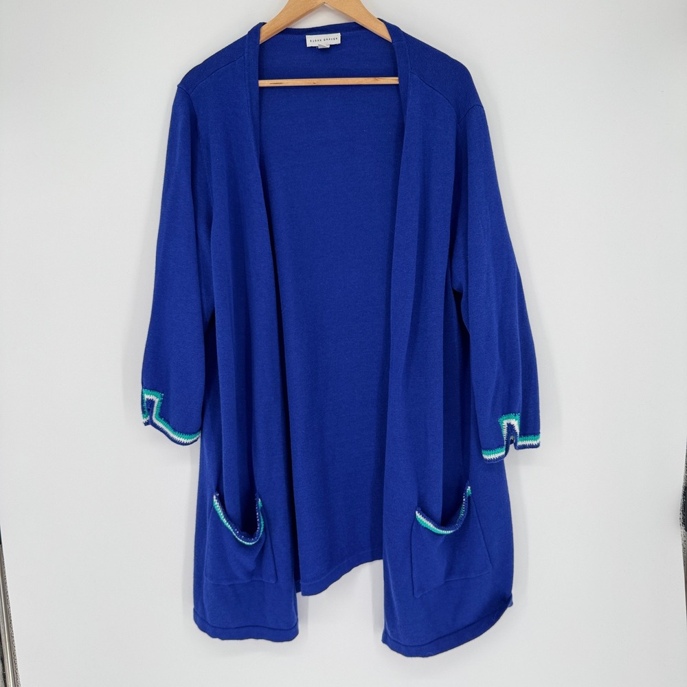 Susan Graver Cardigan Womens L Blue Cotton Blend Crochet Trim Coastal Grandma
